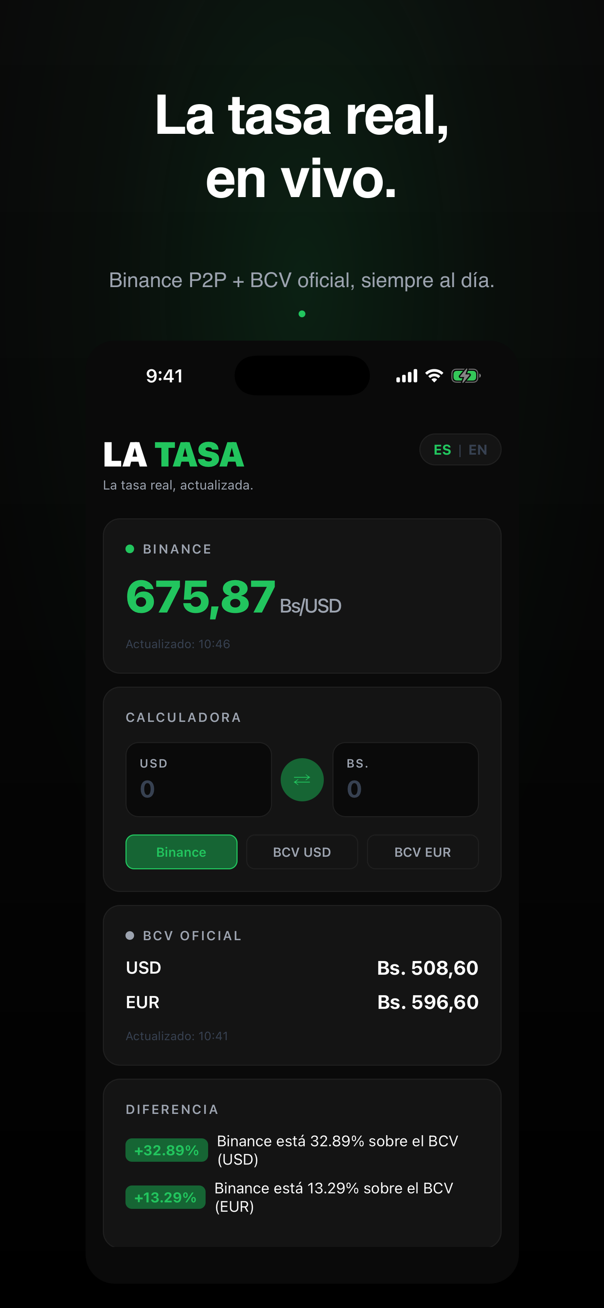 La Tasa — pantalla principal con tasa Binance P2P en vivo